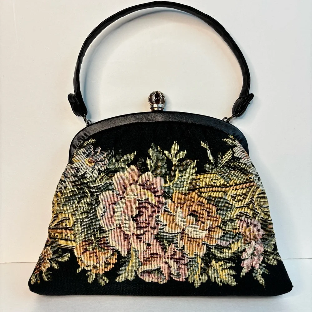 Vintage 1950’s Harry Levine Jewel Kiss Clasp Floral Tapestry Purse Leather Strap
